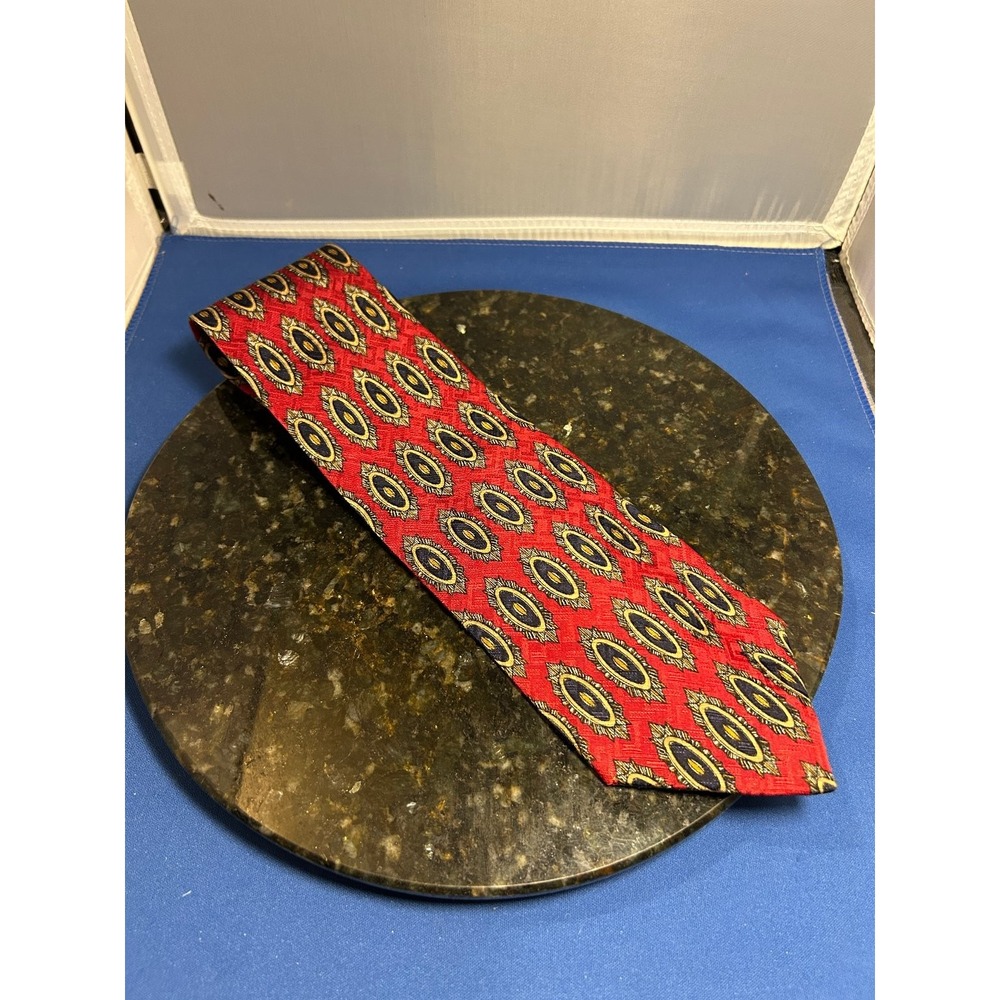 Raphael Men's Silk‎ Tie Red Navy Gold Geometric Classic Length